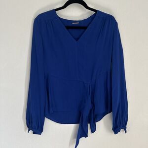 Elie Tahari Side-Tie Waist Shirt NWT Vibe Blue Long-Sleeved Silk Blouse Sz S